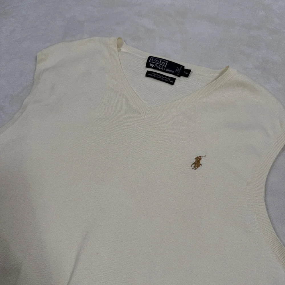 Polo Ralph Lauren Vintage Men V‎ Neck Sweater Vest Cream XL Pima Cotton Preppy